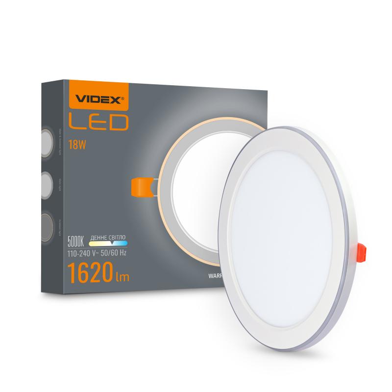 Светодиодный встроенный светильник с декоративной подсветкой VIDEX DL4R 18W+6W 5000K+2700K 220V