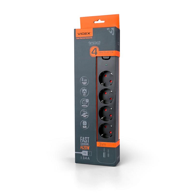 Сетевой удлинитель VIDEX ONCORD с заземлением 4 розетки 3 м (3x1.5 мм) 3.4А USB (QC3.0) + USB-C (PD20W) с кнопкой черного цвета.