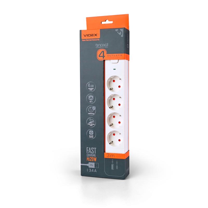 Сетевой удлинитель VIDEX ONCORD з/з 4п 3м (3x1.5мм) 3.4А USB(QC3.0) +USB-C(PD20W) с кнопкой White 