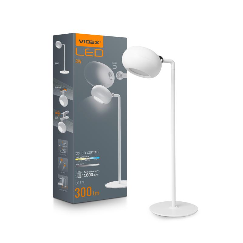 LED настольная лампа с аккумулятором VIDEX VLE-TF18W 3W 3000-5500K Белая 