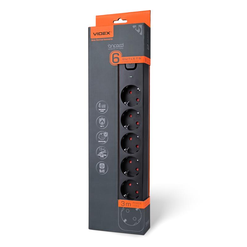 Мережевий подовжувач VIDEX ONCORD з/з 6п 3м (3x1.5мм) з кнопкою Black 