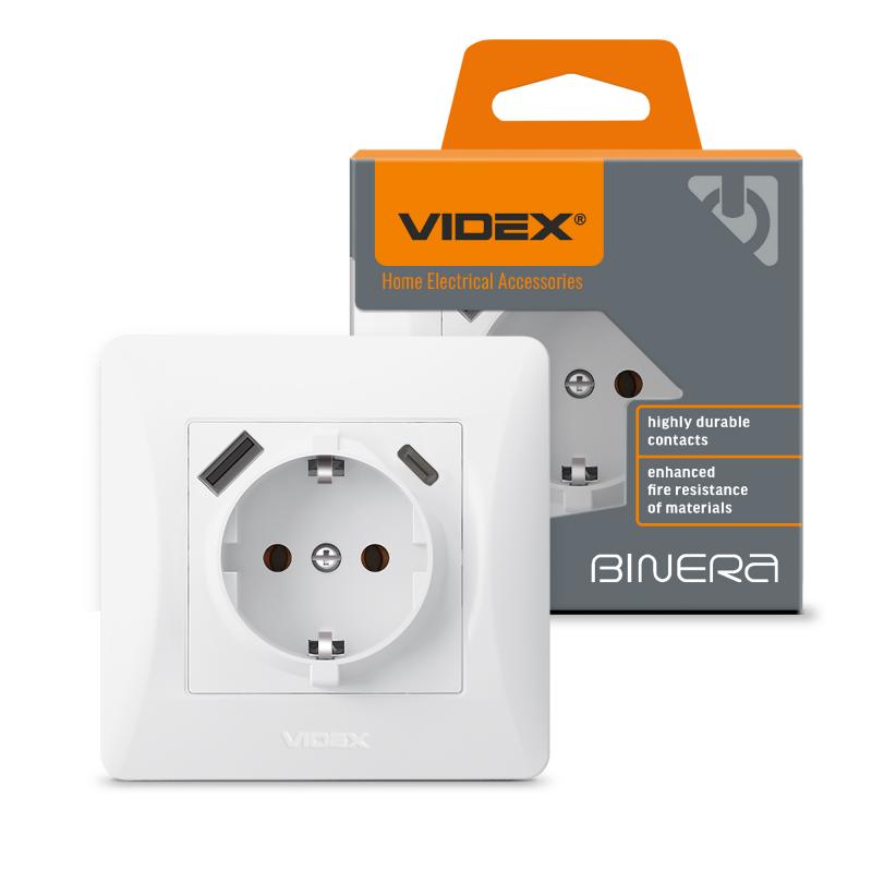 Розетка одинарна із заземленням з USB+USB-C біла VIDEX BINERA 