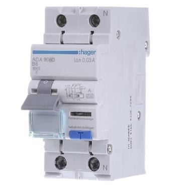 Дифавтомат 1P+N, 6A, C, 30мА, 6кА, A, Hager ADA906D