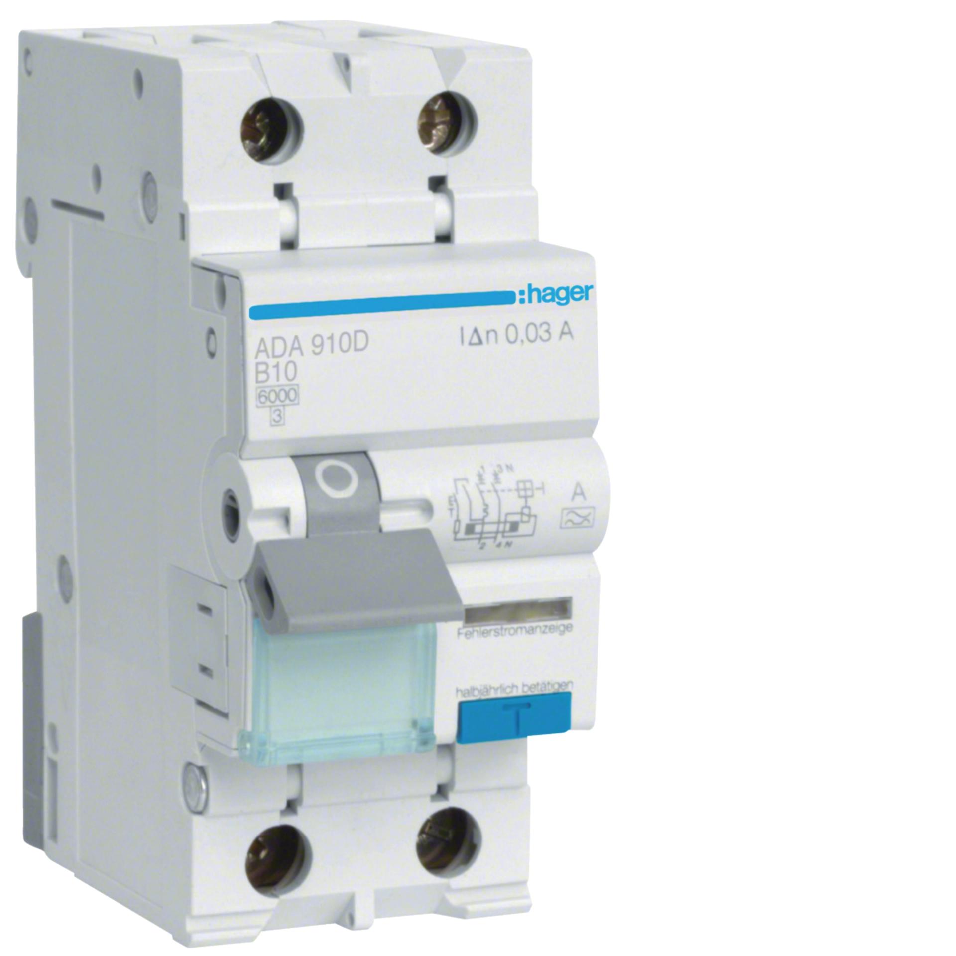 Дифавтомат 1P+N, 10A, C, 30мА, 6кА, A, Hager ADA910D