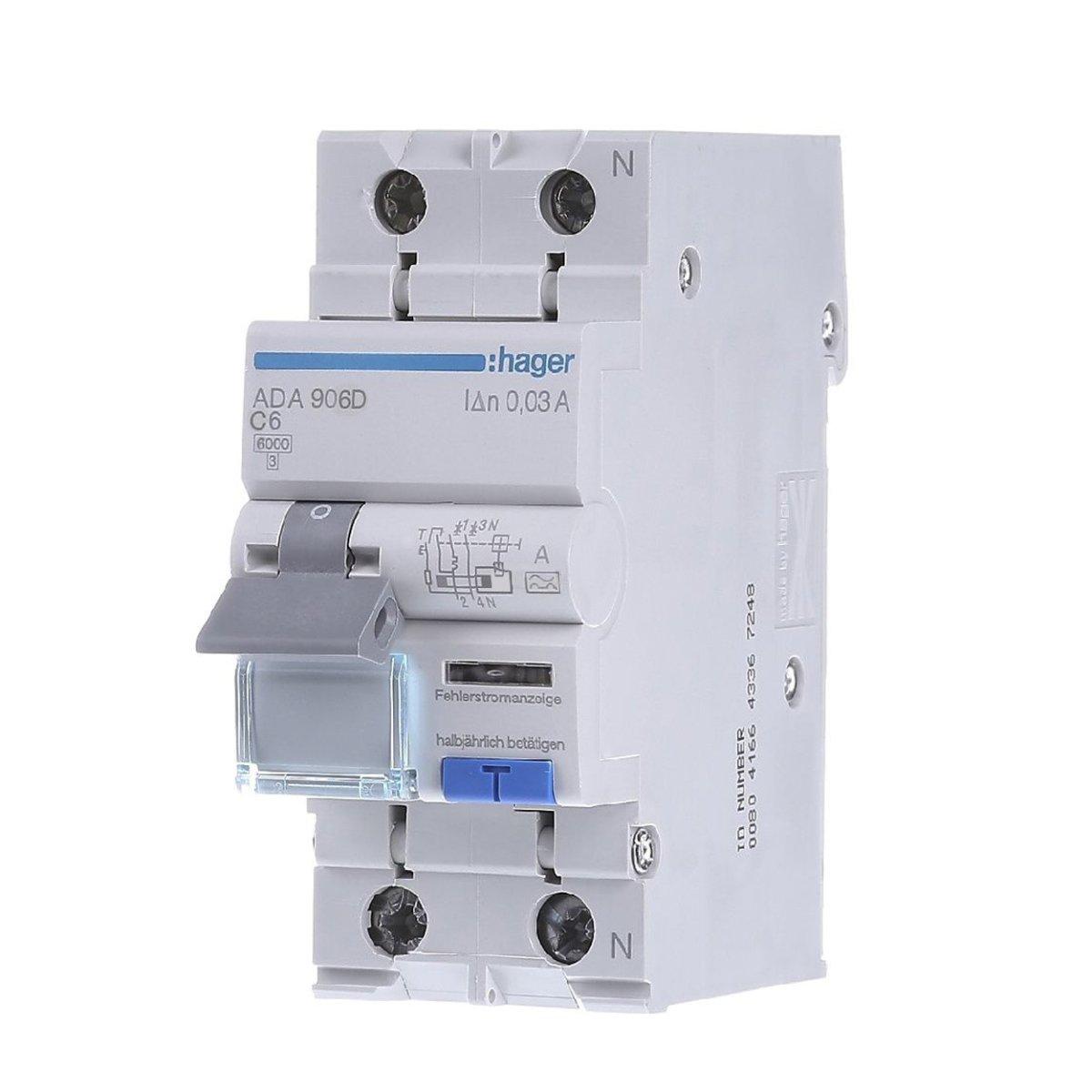 Дифавтомат 1P+N, 6A, C, 30mA, 6kA, A, Hager ADA956D