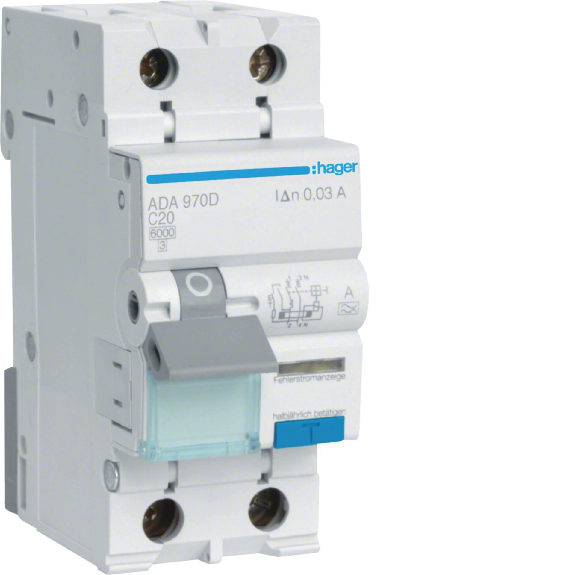 Дифавтомат 1P+N, 20A, C, 30мА, 6кА, A, Hager ADA970D