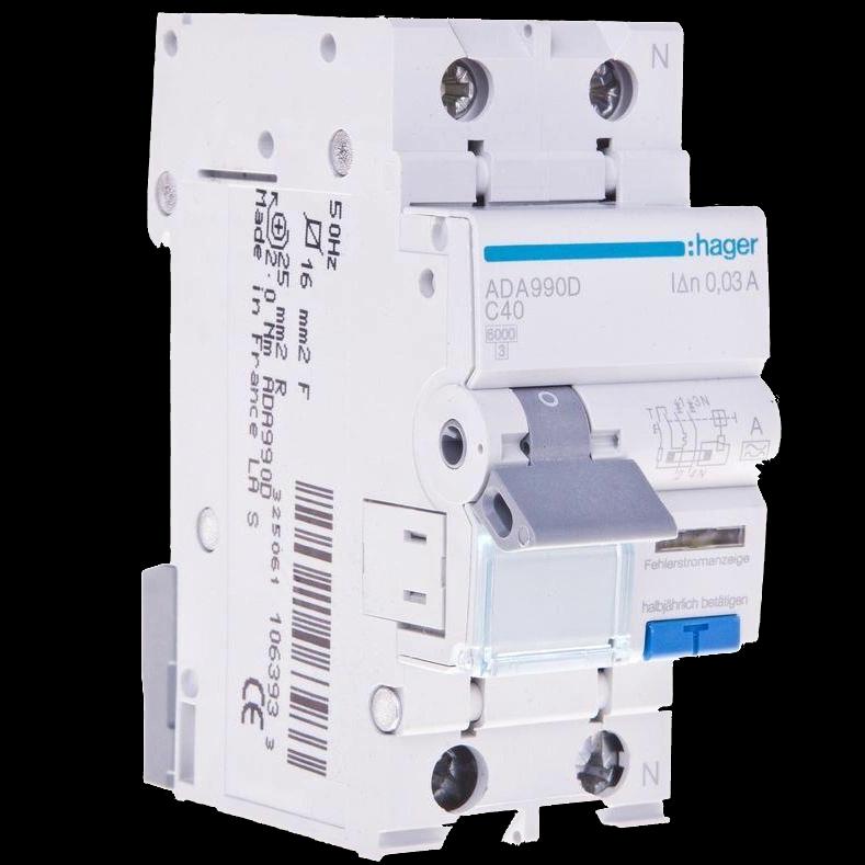 Дифавтомат 1P+N, 40A, C, 30mA, 6kA, A, Hager ADA990D