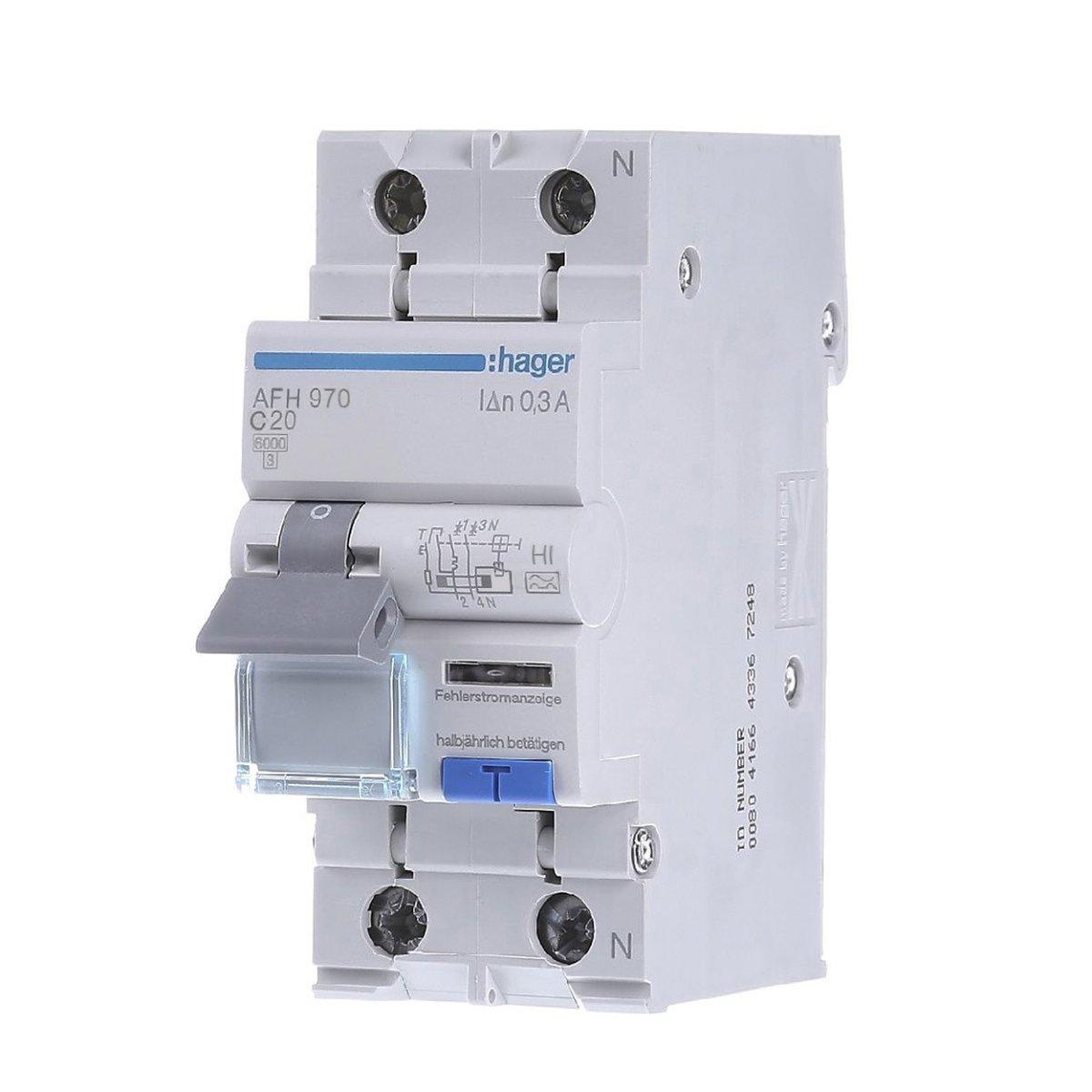 Дифавтомат 1P+N, 6кА, C-20A, 300мА, HI, Hager AFH970