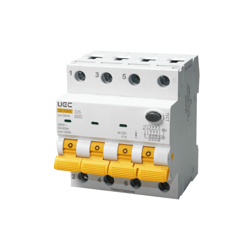 Автомат диференційного захисту SB-R9NE 4P C 25A 30mA Tип AC 6kA UEC