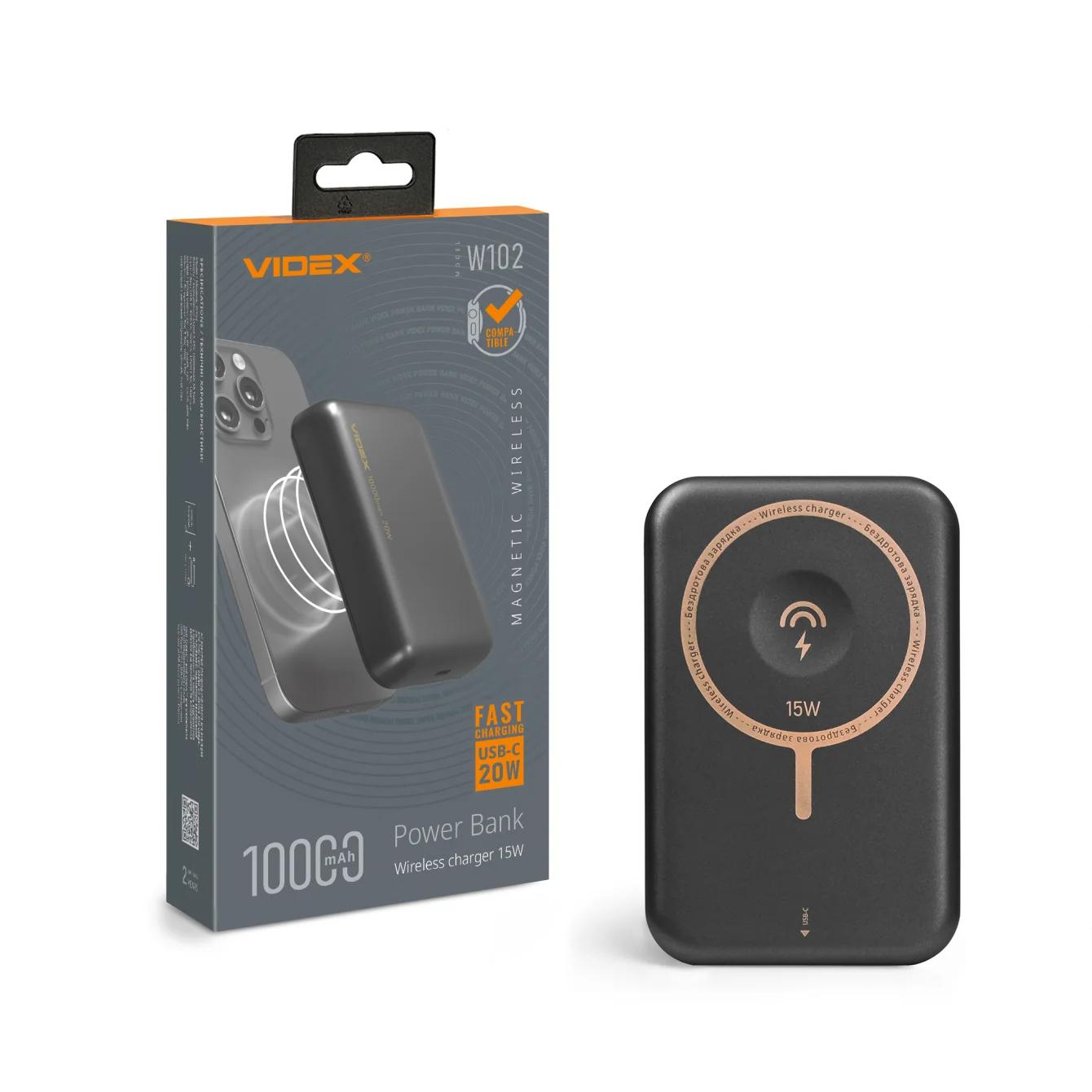 Power bank с беспроводной зарядкой 10000mAh VIDEX VPB-W102 PD20W серого цвета.