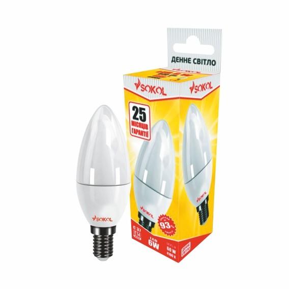Світлодіодна LED лампа свічка 6w 220В E14 4100К Sokol