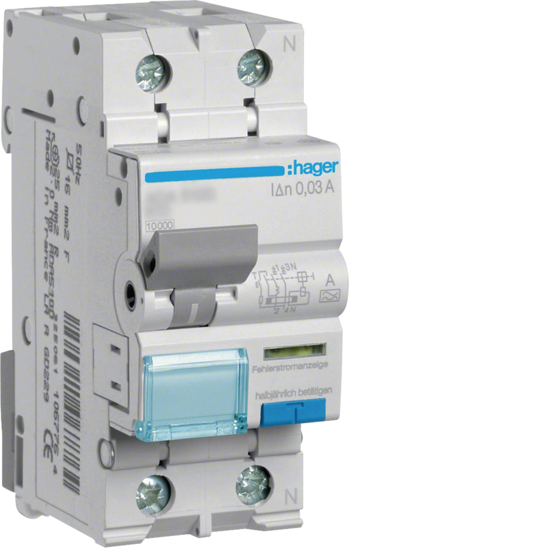 Дифавтомат 1P+N, 6A, B, 30мА, 10кА, A, Hager ADA556D