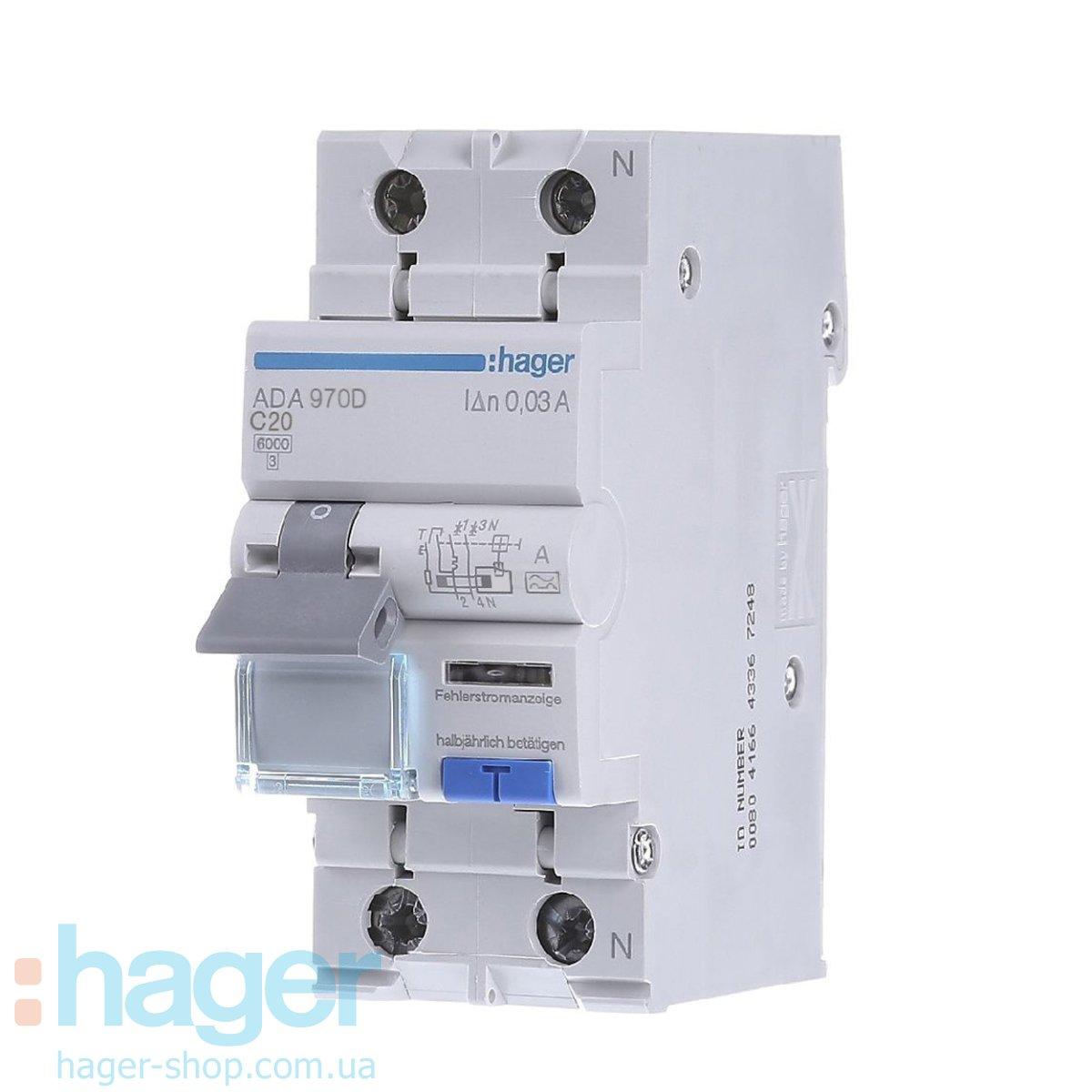 Дифавтомат 1P+N, 20A, C, 30mA, 6kA, A, Hager ADA920D