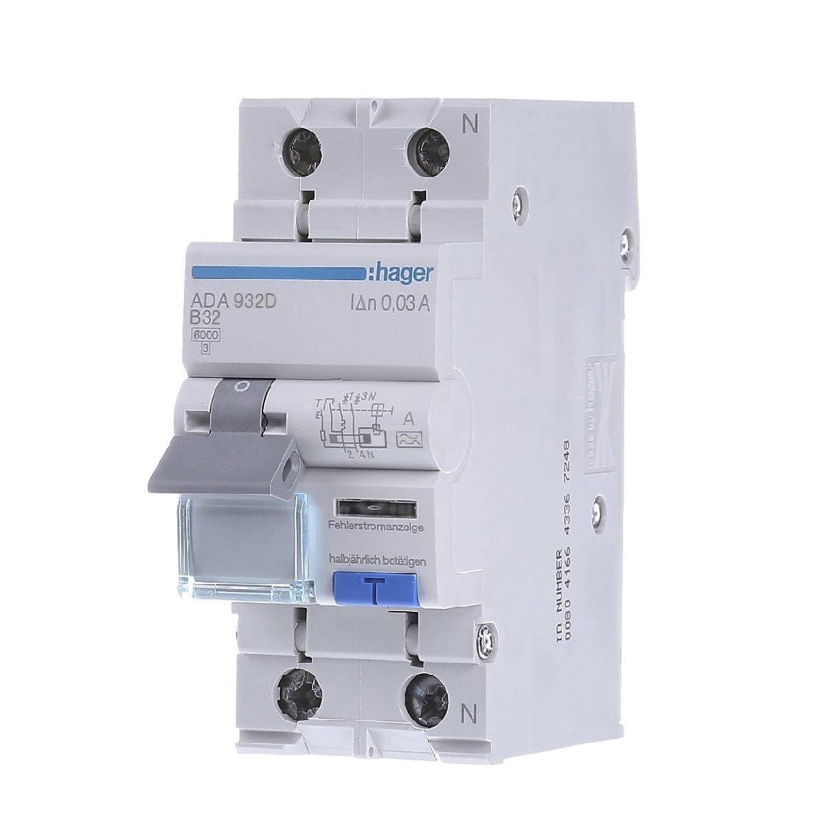 Дифавтомат 1P+N, 32A, C, 30mA, 6kA, A, Hager ADA932D
